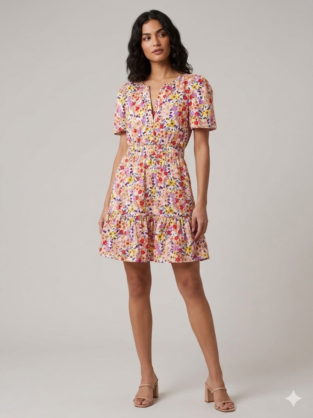 KAii Los Angeles Floral Pink Short Sleeve Tiered Mini Dress